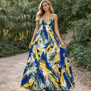 Stevie And Lindsay Abstract Brushstroke Maxi Dress Blue Yellow Boho Resort L